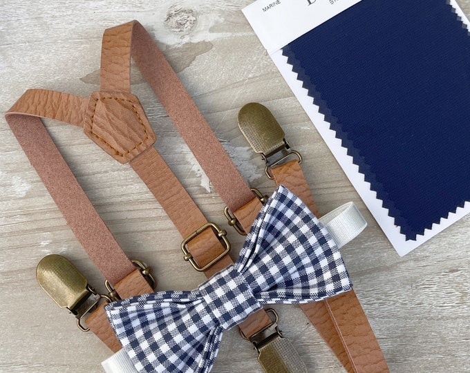 Navy Blue Plaid Bow Tie & Leather Skinny Suspenders , Men's Light Brown braces , Boy's Ring Bearer gift , Groomsmen Wedding outfit , Braces