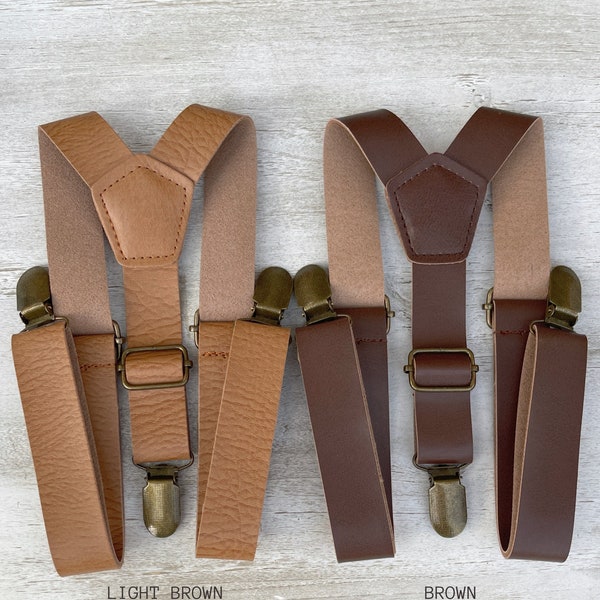 Wedding Cognac SUSPENDERS , Groomsmen Skinny Brown Vegan Leather Suspenders , Rustic Mens suspenders , Boys Ring bearer Baby Outfit