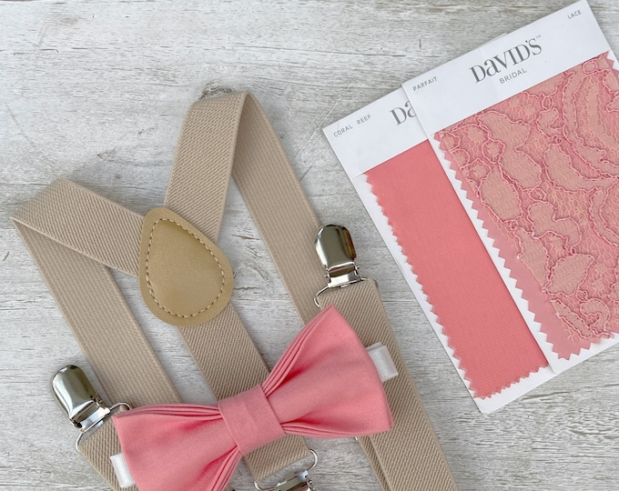 Parfait Coral Bow Tie & Champagne Tan Suspenders , Men's Khaki braces , Boy's Ring Bearer gift , Groomsmen Wedding outfit