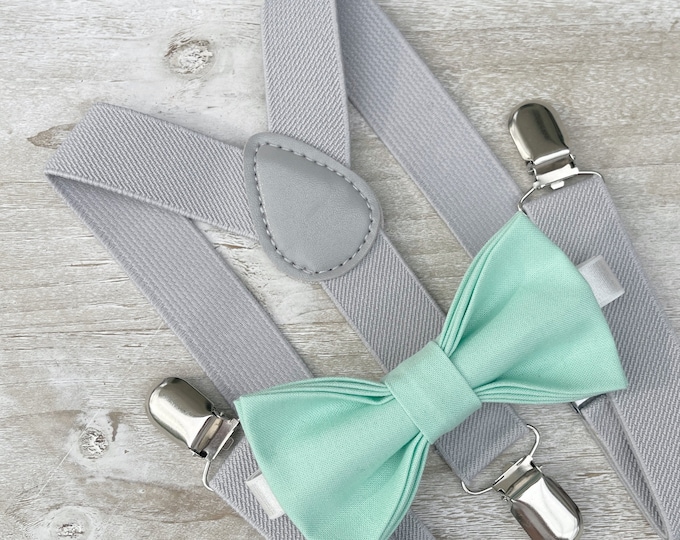 Mint Green Bow Tie & Light Gray Suspenders , Men's pocket square , Boy's Ring Bearer gift , Spearmint bow tie  , Wedding Groomsmen outfit