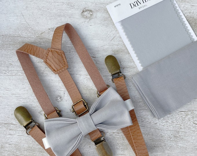 Mystic Gray Bow Tie & Leather Skinny Suspenders , Men's pocket square  , Boy's Ring Bearer gift , Groomsmen Wedding outfit , brown braces