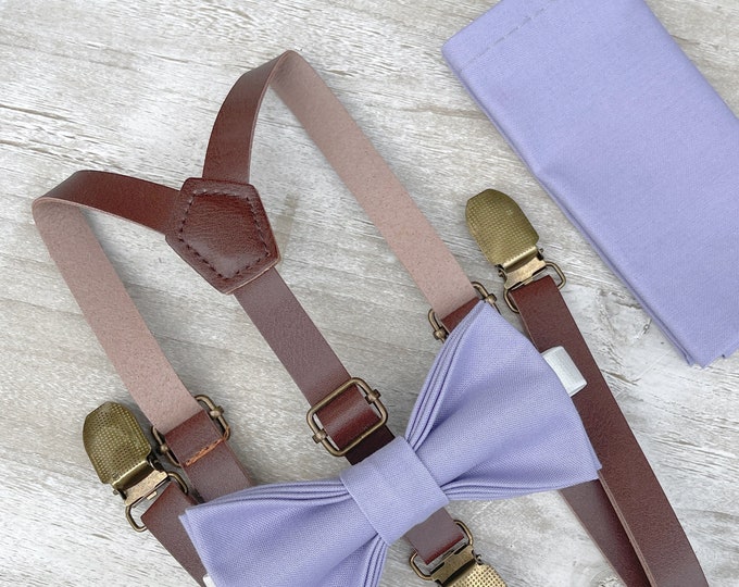 Lavender Purple Bow Tie & Leather Skinny Suspenders , Brown Braces , Men's pocket square , Boy's Ring Bearer gift , Groomsmen Wedding outfit