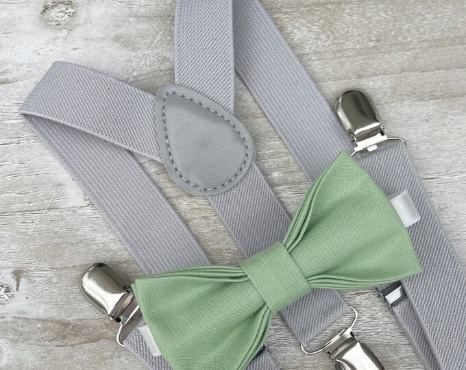 Sage Bow Tie & Light Gray Suspenders , Men's pocket square , Boy's Ring Bearer gift , Groomsmen Wedding outfit