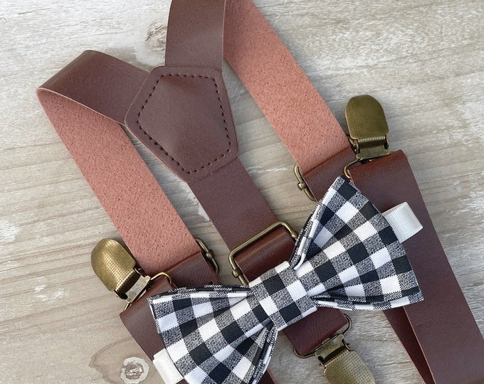 Black White Bow Tie & Leather Suspenders , Men's plaid bow tie , Boy's Ring Bearer gift , Groomsmen Wedding outfit , Brown Braces