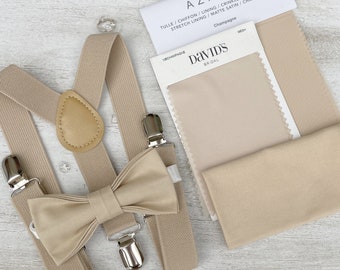 Champagne Tan Bow Tie & Suspenders , Carré de poche pour homme , Cadeau de porteur de l'anneau pour garçon , Cadeau de garçons d'honneur , Tenue de marié de mariage , Noeud papillon nouveau-né