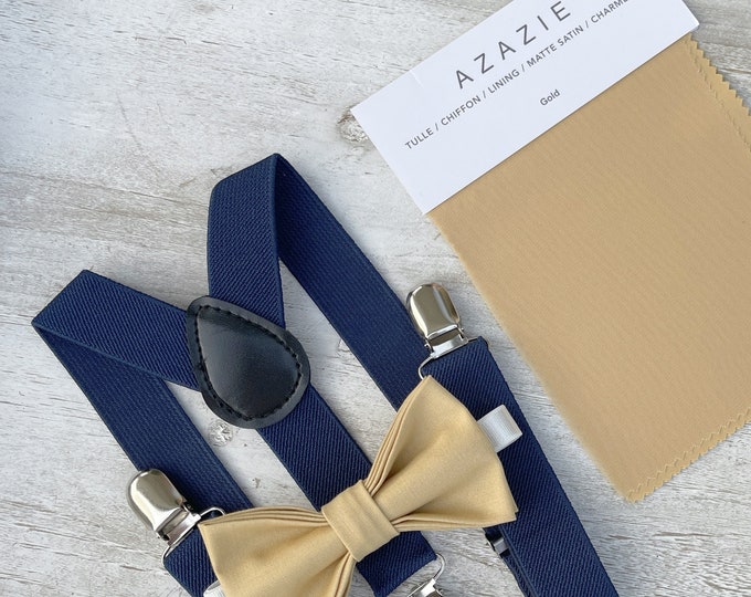 Gold Bow Tie & Navy Blue Suspenders , Men's pocket square , Marine Braces , Boy's Ring Bearer gift , Groomsmen Wedding outfit