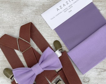 Tahiti Purple Bow Tie & Brown Suspenders , x - back Braces , Men's pocket square , Boy's Ring Bearer gift , Groomsmen Wedding outfit