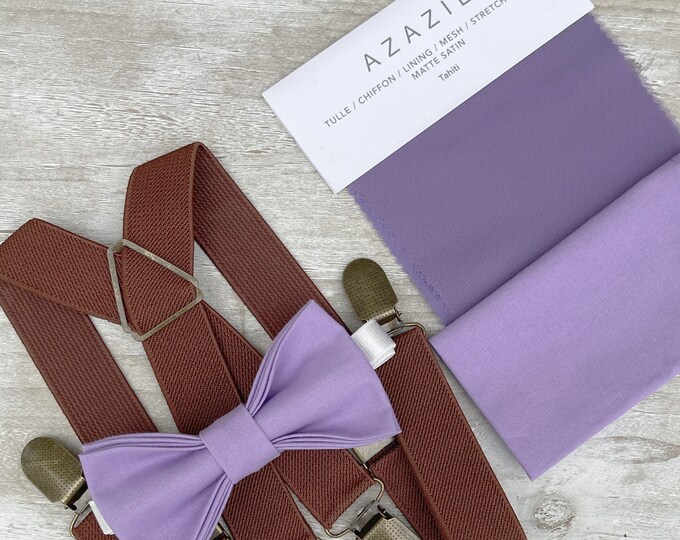 Tahiti Purple Bow Tie & Brown Suspenders , x - back Braces , Men's pocket square , Boy's Ring Bearer gift , Groomsmen Wedding outfit