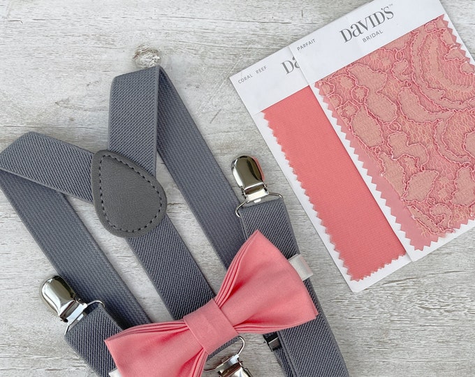 Coral Parfait Bow Tie & Gray Suspenders , Men's Braces , Boy's Ring Bearer gift , Groomsmen Wedding outfit