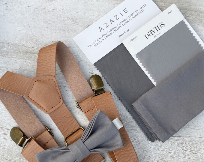 Gray Bow Tie & Leather Suspenders , Light Brown Braces , Men's pocket square , Boy's Ring Bearer gift , Groomsmen Wedding outfit