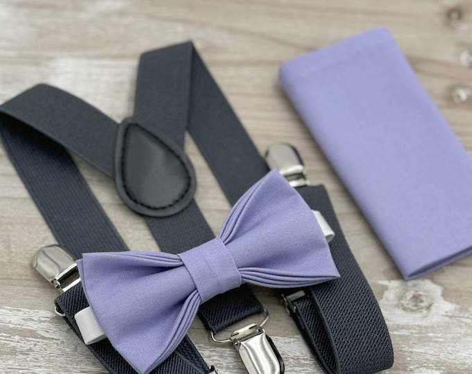 Lavender Bow tie & Suspenders | Charcoal Dark Gray Braces | Pocket Square | Ring Bearer Outfit | Boho Rustic Wedding | Groomsman Gift