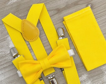 Yellow Bow Tie & Suspenders , Men's pocket square , Boy's Ring Bearer gift , Groomsmen outfit , Wedding Groom outfit , Cake Smash costume