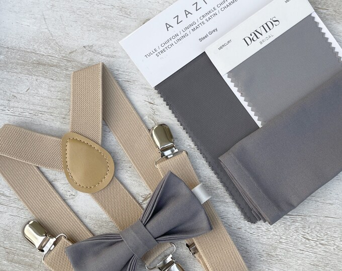 Gray Bow Tie & Champagne Tan Suspenders , Khaki braces , Men's pocket square , Boy's Ring Bearer gift , Groomsmen Wedding outfit