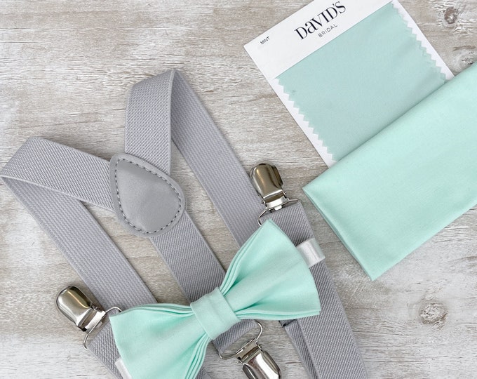 Mint  Bow Tie & Light Gray Suspenders , Men's pocket square , Boy's Ring Bearer gift , Groomsmen Wedding outfit , Cake Smash set