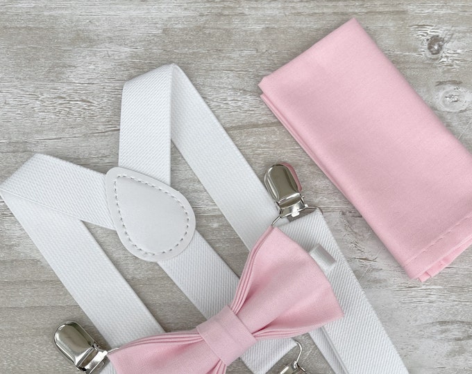 Baby Pink Bow Tie &  White Suspenders , Groom Braces , Men's pocket square , Boy's Ring Bearer gift , Groomsmen Wedding outfit