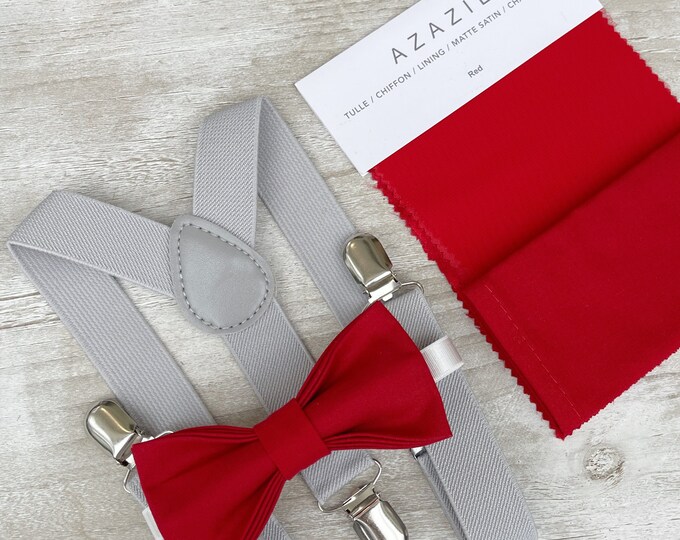 Apple Bow Tie & Light Gray Suspenders , Groom Braces , Men's pocket square , Boy's Ring Bearer gift , Groomsmen outfit , Wedding Groom set