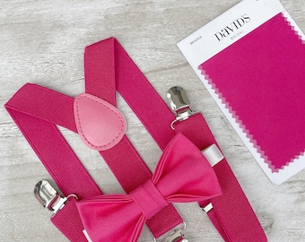 Fuchsia Pink Bow Tie & Suspenders , Men's pocket square , Boy's Ring Bearer gift , Groomsmen Gift , Wedding Groom best Man outfit