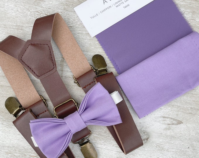 Tahiti Bow Tie & Rustic Leather Suspenders , Men's pocket square , Boy's Ring Bearer gift , Groomsmen Gift , Wedding Groom outfit