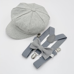 Newsboy Cap, Gatsby Flat Cap, Gray Suspenders & Linen Bow Tie – Baby to Adult Sizes, Ring Bearer or Cake Smash Outfit, Page Boy Wedding Set