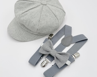 Newsboy Cap, Gatsby Flat Cap, Gray Suspenders & Linen Bow Tie – Baby to Adult Sizes, Ring Bearer or Cake Smash Outfit, Page Boy Wedding Set