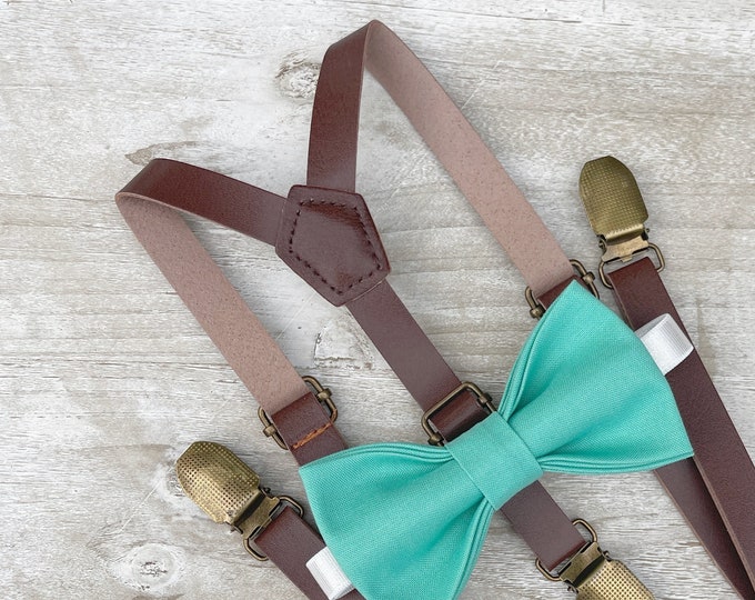 Dark Mint Bow Tie & Leather Skinny Suspenders , Brown braces , Men's Bow Tie  , Boy's Ring Bearer gift , Groomsmen Wedding outfit