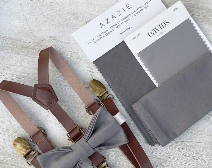 Gray Bow Tie & Leather Skinny Suspenders , Brown braces , Men's pocket square , Boy's Ring Bearer gift , Groomsmen Wedding outfit