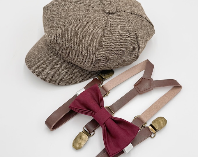 Newsboy Cap Outfit, Baby to Adult - Ring Bearer & Groomsman Wedding Set, Wine Bow Tie and Skinny Leather Suspenders, Gatsby Flat Cap
