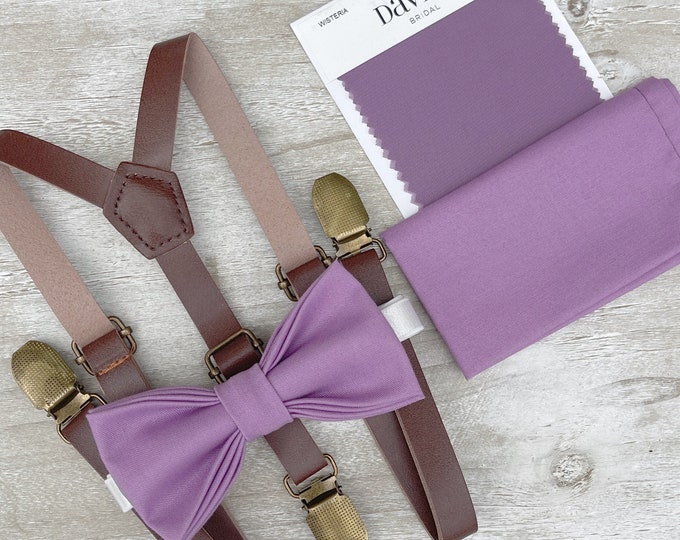 Wisteria Bow Tie & Skinny Rustic Leather Suspenders , Men's pocket square , Boy's Ring Bearer gift , Groomsmen Gift , Wedding Groom outfit