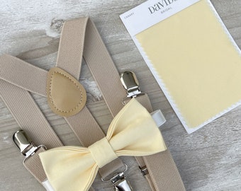 Buttercup Yellow Bow Tie & Champagne Tan Suspenders , Canary Bow tie , Men's pocket square , Boy's Ring Bearer gift , Groomsmen Wedding set