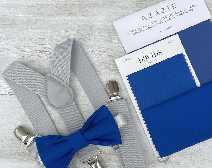 Royal Blue Bow Tie & Light Gray Suspenders , Groom Braces , Men's pocket square , Boy's Ring Bearer gift , Groomsmen Wedding outfit