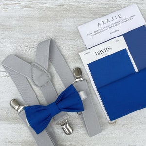 Royal Blue Bow Tie & Light Gray Suspenders , Groom Braces , Men&#39;s pocket square , Boy&#39;s Ring Bearer gift , Groomsmen Wedding outfit