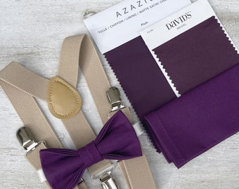 Plum Purple Bow Tie & Champagne Tan Suspenders , Khaki braces , Men's pocket square , Boy's Ring Bearer gift , Groomsmen Wedding outfit