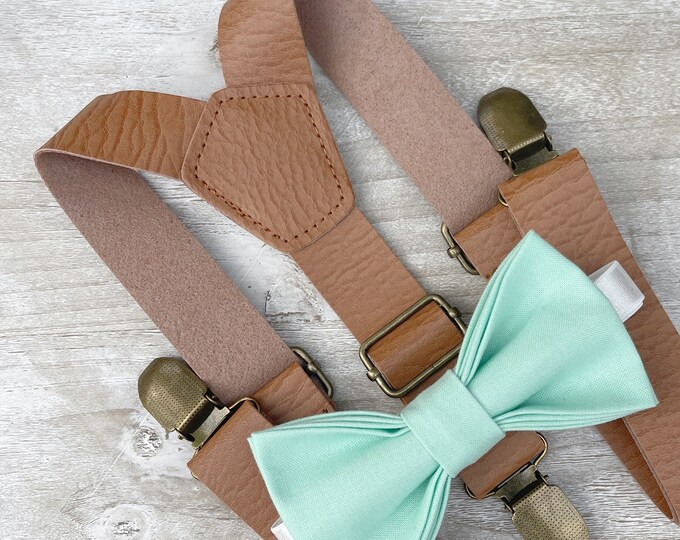 Mint Green Bow Tie & Leather Suspenders , Light Brown Braces , Men's pocket square , Boy's Ring Bearer gift , Groomsmen Wedding set