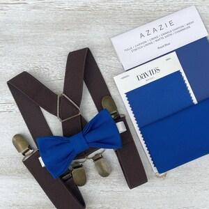 Royal Blue Bow Tie & Coffee Brown Suspenders , x- back Braces , Men&#39;s pocket square , Boy&#39;s Ring Bearer gift , Groomsmen Wedding outfit