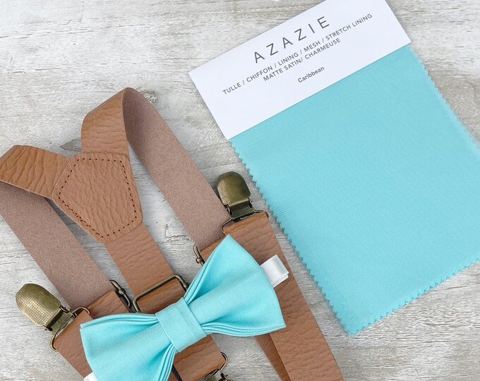 Caribbean Blue Bow Tie & Skinny Leather Suspenders , Light Brown braces , Men's pocket square ,  Boy's Ring Bearer gift , Wedding outfit