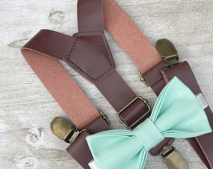 Mint Green Bow Tie & Leather Suspenders , Brown braces , Men's pocket square , Boy's Ring Bearer gift , Groomsmen Wedding outfit