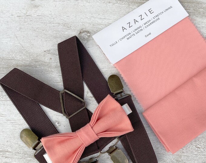 Salmon Coral Bow Tie & Coffee brown Suspenders ,  x - back Braces , Men's pocket square , Boy's Ring Bearer gift , Groomsmen Wedding set