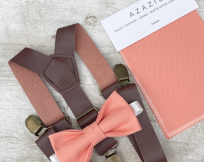 Sunset Coral Bow Tie & Leather Suspenders , Men's bow tie , Boy's Ring Bearer gift , Groomsmen Wedding outfit , Brown braces