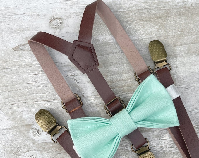 Mint Green Bow Tie & Leather Skinny Suspenders , Brown braces , Men's pocket square , Boy's Ring Bearer gift , Groomsmen Wedding outfit