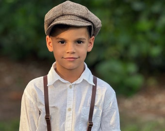 Tweed Newsboy Cap, Skinny Leather Suspenders, Best Man Gift, Ring Bearer Outfit, Cake Smash Outfit, Page Boy Cap, Wedding Set