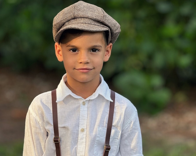 Tweed Newsboy Cap, Skinny Leather Suspenders, Best Man Gift, Ring Bearer Outfit, Cake Smash Outfit, Page Boy Cap, Wedding Set
