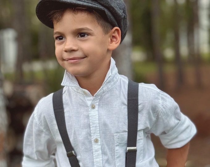 Newsboy Cap, Gray Gatsby Flat Cap and Suspenders - Baby to Adult Sizes, Ring Bearer Outfit, Page Boy Wedding Set