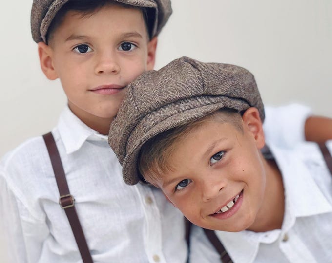 Taupe Brown Newsboy cap , Dad & Son Applejack hat , Kids Baby Boy Toddler Ring bearer Outfit , Mens Rustic Groom Wedding Photo Prop  outfit