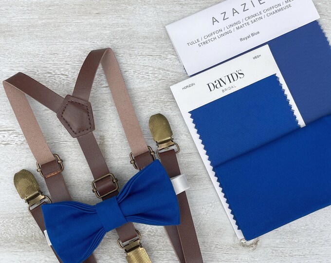 Royal Blue Bow Tie & Leather Skinny Suspenders , Brown Braces , Men's pocket square , Boy's Ring Bearer gift , Groomsmen Wedding outfit