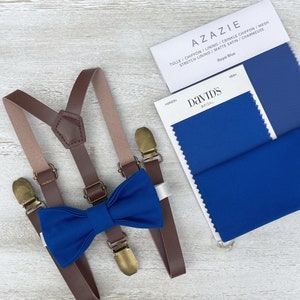 Royal Blue Bow Tie & Leather Skinny Suspenders , Brown Braces , Men&#39;s pocket square , Boy&#39;s Ring Bearer gift , Groomsmen Wedding outfit