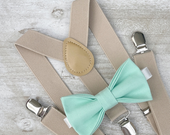 Mint Green Bow Tie & Champagne Tan Suspenders , Khaki Braces , Men's pocket square , Boy's Ring Bearer gift , Groomsmen Wedding outfit