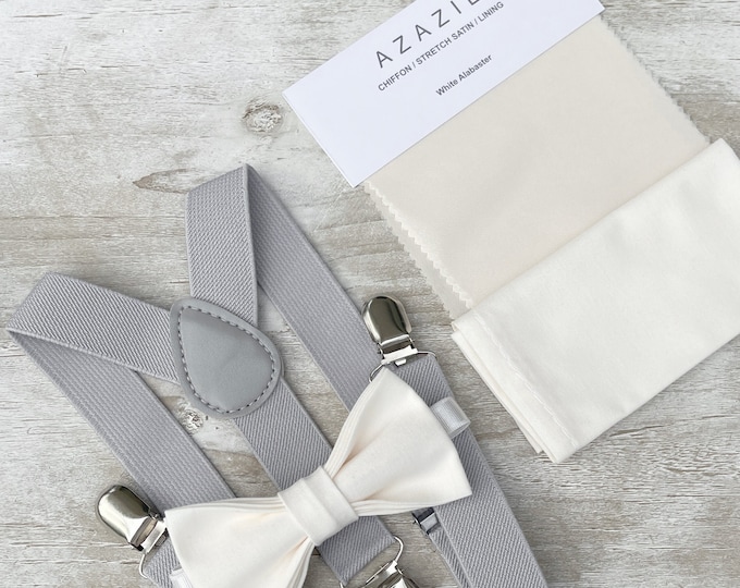 White Alabaster Ecru Bow Tie & Light Gray Suspenders , Men's pocket square , Boy's Ring Bearer gift , Groomsmen Wedding outfit