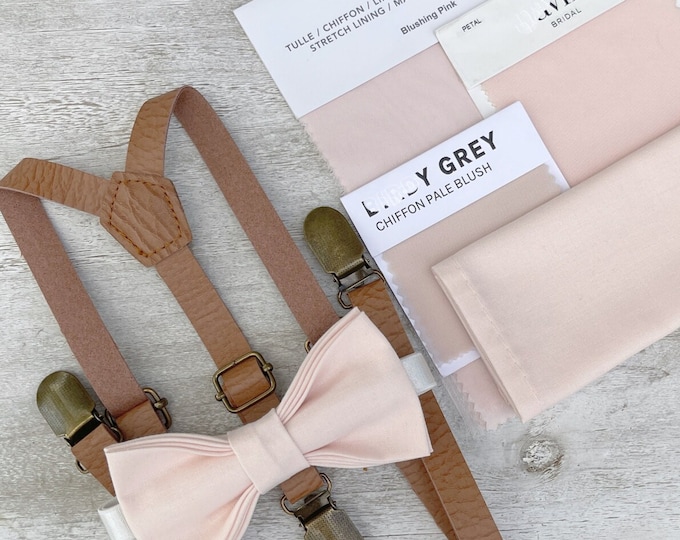 Blushing Pink Bow Tie & Leather Skinny Suspenders , Light brown braces , Men's pocket square , Boys Ring Bearer gift , Groomsmen Wedding set