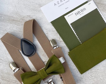 Olive Green Bow Tie & Taupe Brown Suspenders , Men's pocket square , Boy's Ring Bearer gift , Groomsmen Wedding outfit