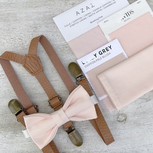 Blushing Pink Bow Tie & Leather Skinny Suspenders , Light brown braces , Men&#39;s pocket square , Boys Ring Bearer gift , Groomsmen Wedding set